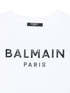 Abito con logo in rilievo per bambina Balmain Kids bianco con girocollo BW1B11 Z0082 100NE BALMAIN KIDS 