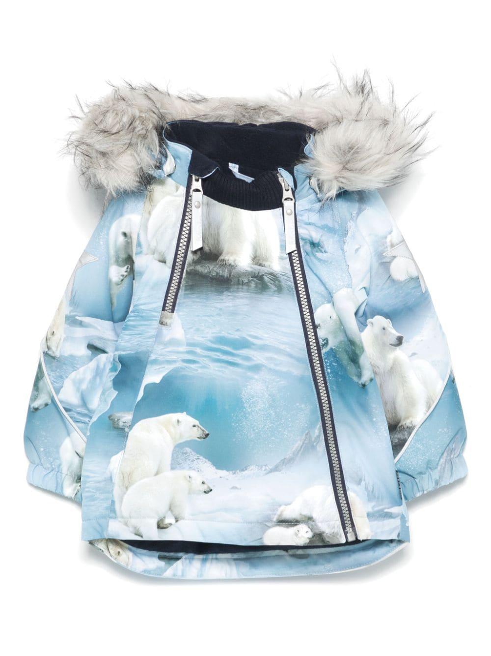 Giubbino per neonato Molo Hopla azzurro in pelliccia con stampa Polar Bear 5W24M318NB 9111 MOLO 