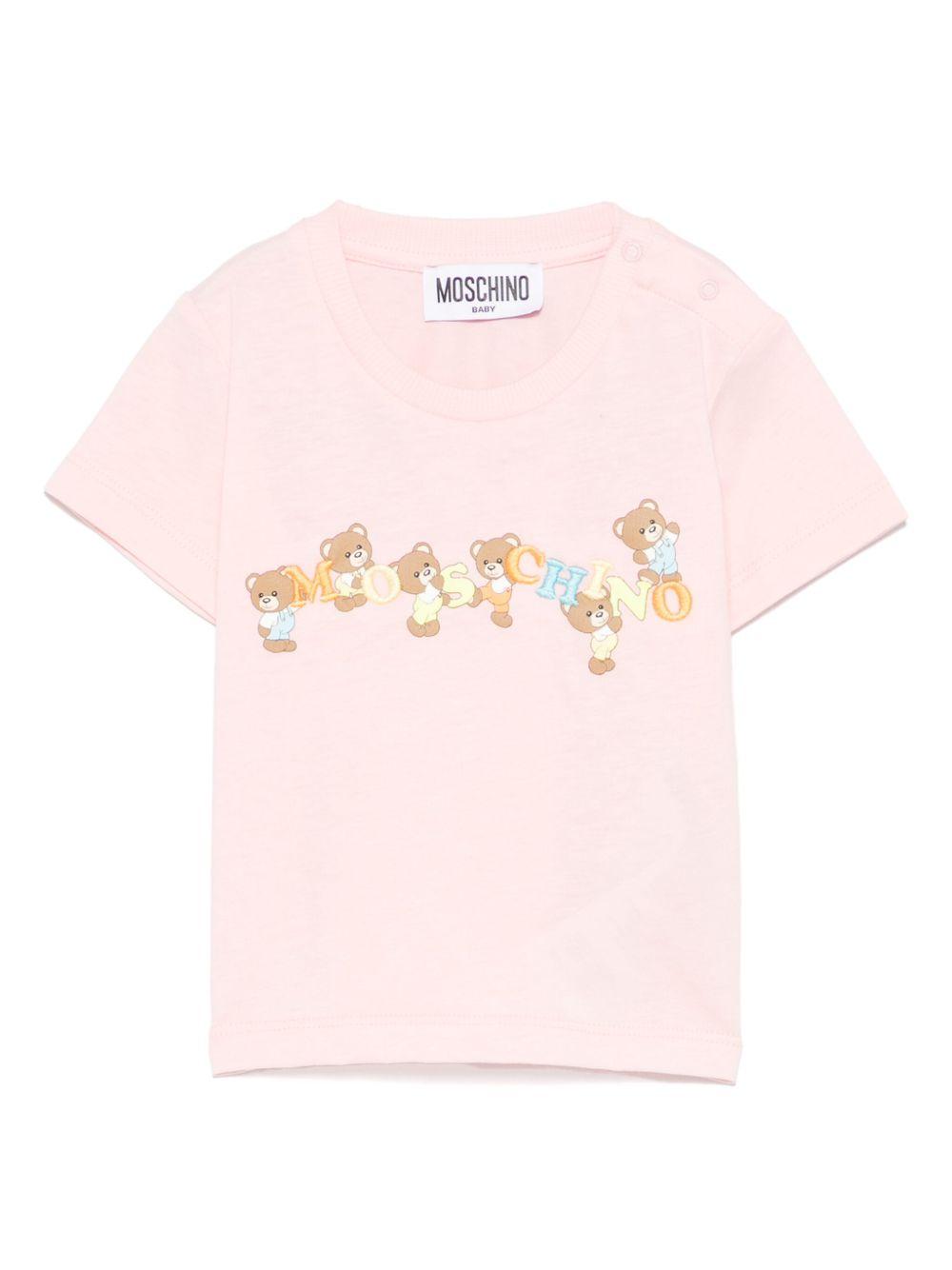 T-shirt per neonata Moschino Kids rosa con logo Teddy Bear ricamato MUM047LAA02 50209 MOSCHINO KIDS 