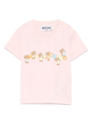 Moschino Kids pink baby girl T-shirt with embroidered Teddy Bear logo