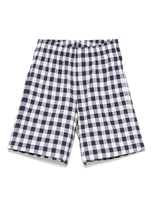 Il Gufo boys' Bermuda shorts in white and blue checked with elasticated drawstring waist.