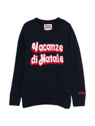 Maglione per bambino MC2 Saint Barth Kids blu con scritta "Vacanze di Natale" DOU0001 00013I MC2 ST. BARTH KIDS 