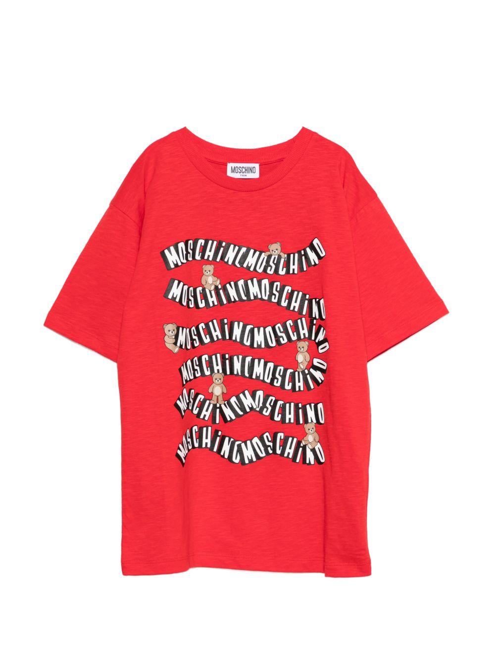 T-shirt per bambini Moschino Kids rossa con stampa logo ondulata HXM05GLAA52 50109 MOSCHINO KIDS 