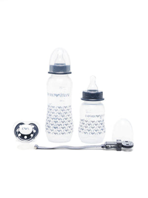 Set biberon e ciuccio per neonati Emporio Armani Kids blu con stampa