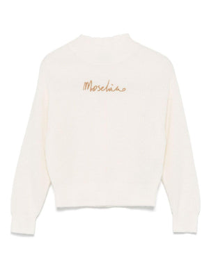 Moschino Kids white sweater for girls with gold logo embroidery