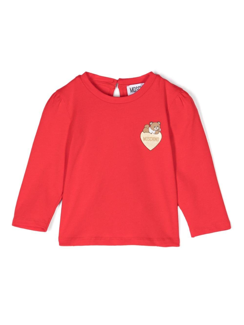 T-shirt per neonata rossa Moschino Kids con stemma Teddy Bear e cuoricino MDO00PLBA10 50109 MOSCHINO KIDS 