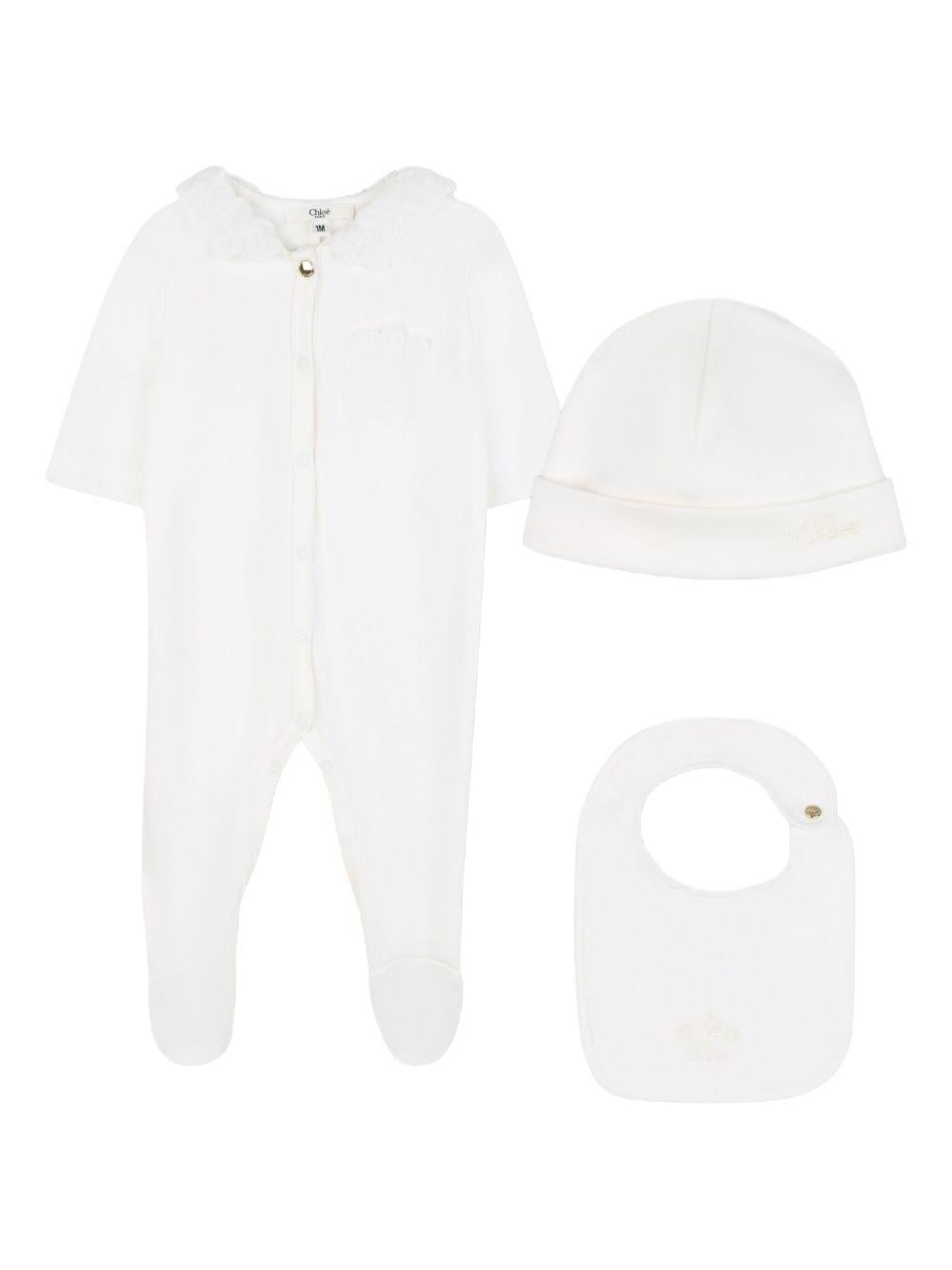 Set tutina cappello e berretto per neonata Chloé Kids bianco con cuciture tono su tono C20776 117 CHLOE' KIDS 