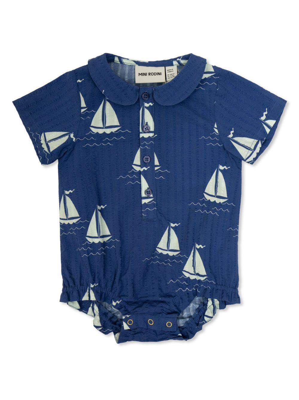 Camicia per neonato Mini Rodini blu con stampa e dettagli con ruches 2524011160 BLUE MINI RODINI 