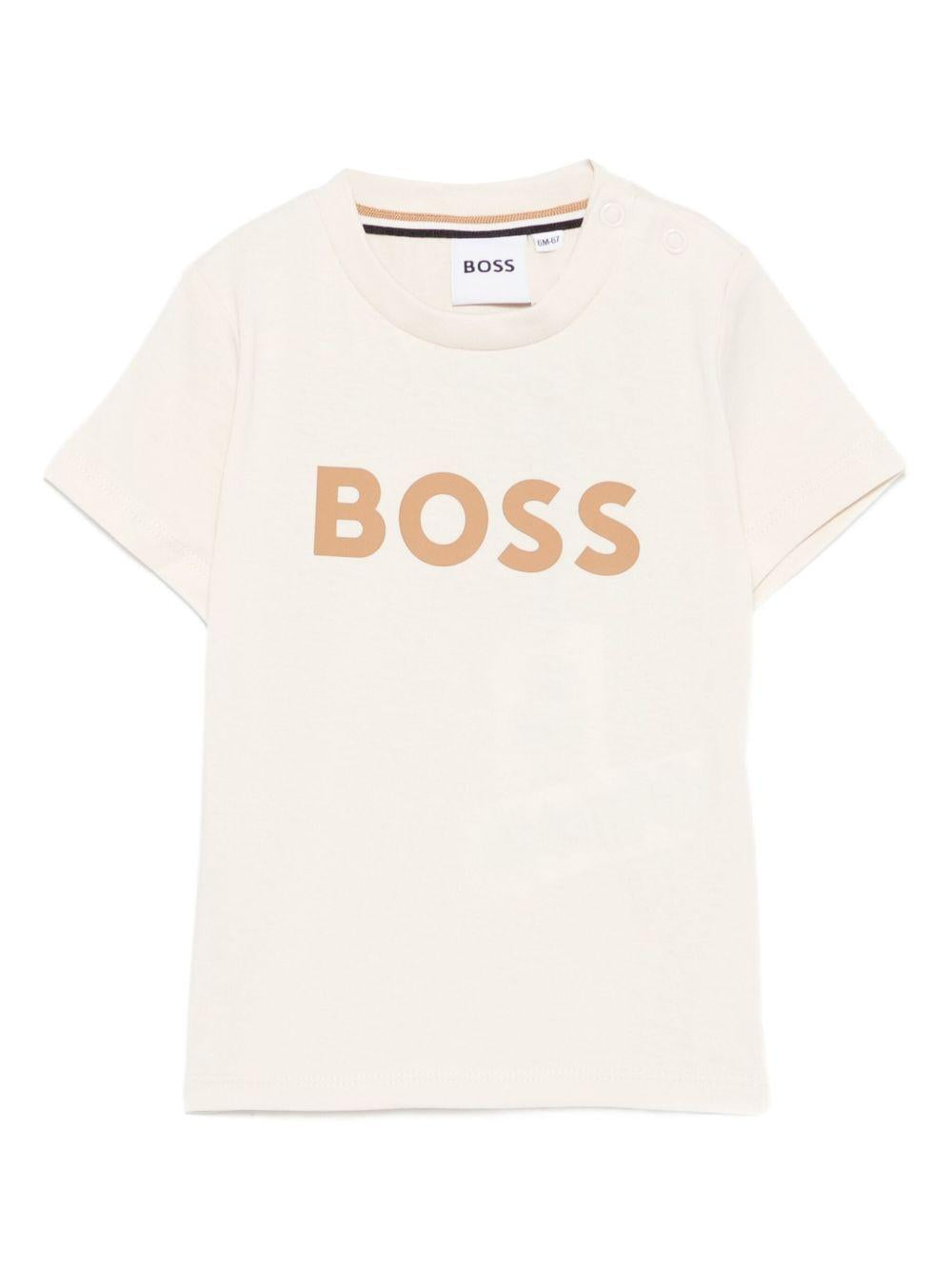 T-shirt per neonato Boss Kids beige con stampa con logo J52712 21C BOSS KIDS 