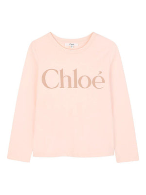 T-shirt per bambina Chloé Kids rosa a maniche lunghe con logo