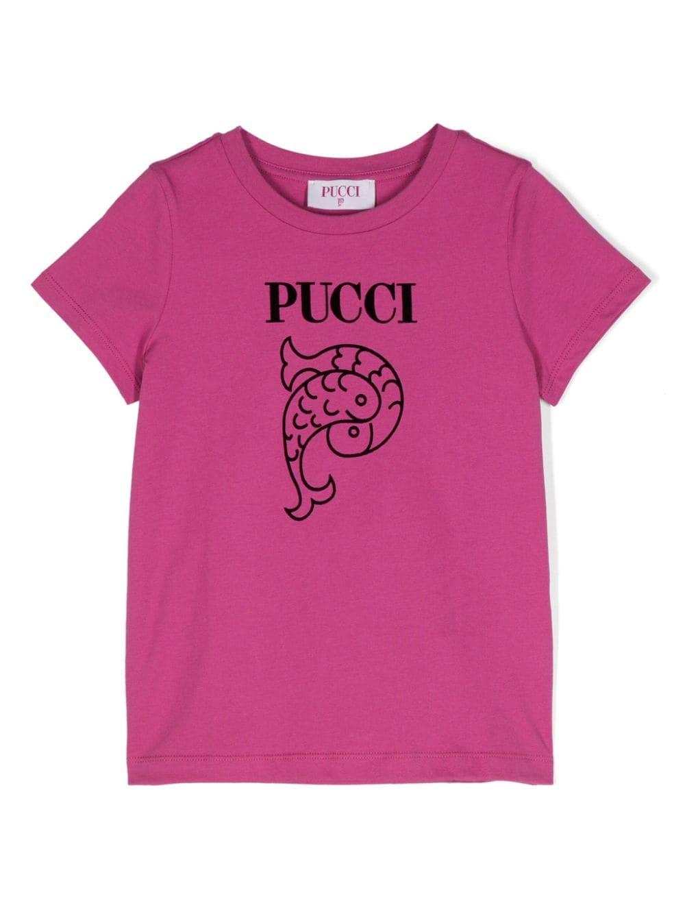 T shirt fucsia per bambina con stampa logo Emilio Pucci nera PV8B11 Z2354 50L EMILIO PUCCI JUNIOR 