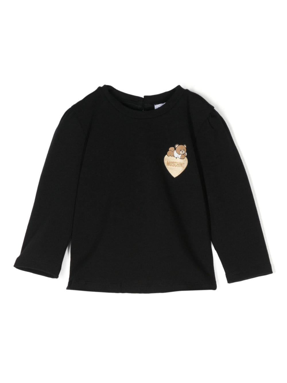 T-shirt per neonata nera Moschino Kids con stemma Teddy Bear e cuoricino MDO00PLBA10 60100 MOSCHINO KIDS 