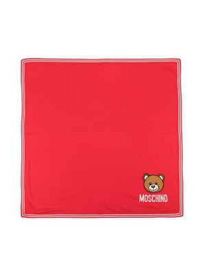 Moschino Kids red baby blanket with inlaid Teddy Bear motif
