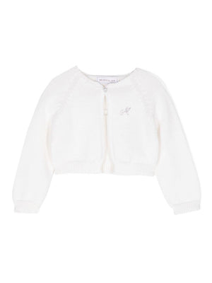 Monnalisa white cardigan for newborns with rhinestone logo application