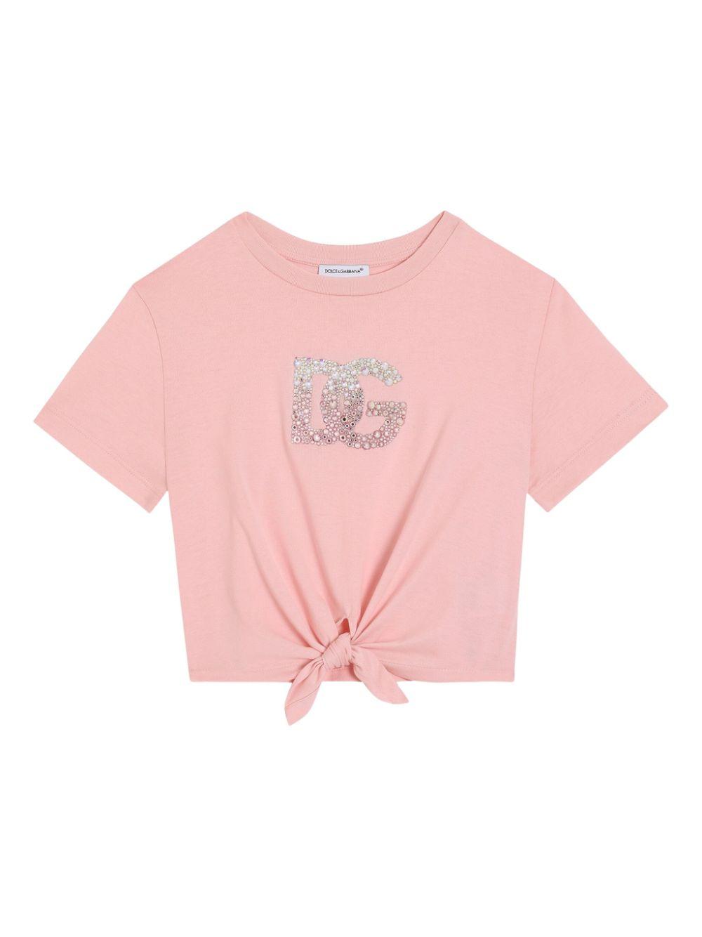 T-shirt con nodo per bambina Dolce & Gabbana Kids rosa con logo con borchie L5JTOV G7O0X F0660 DOLCE & GABBANA KIDS 