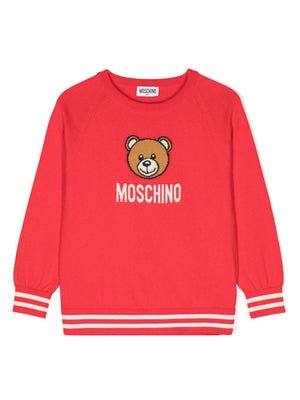 Moschino Kids red sweater for girls with inlaid logo and Teddy Bear embroidery