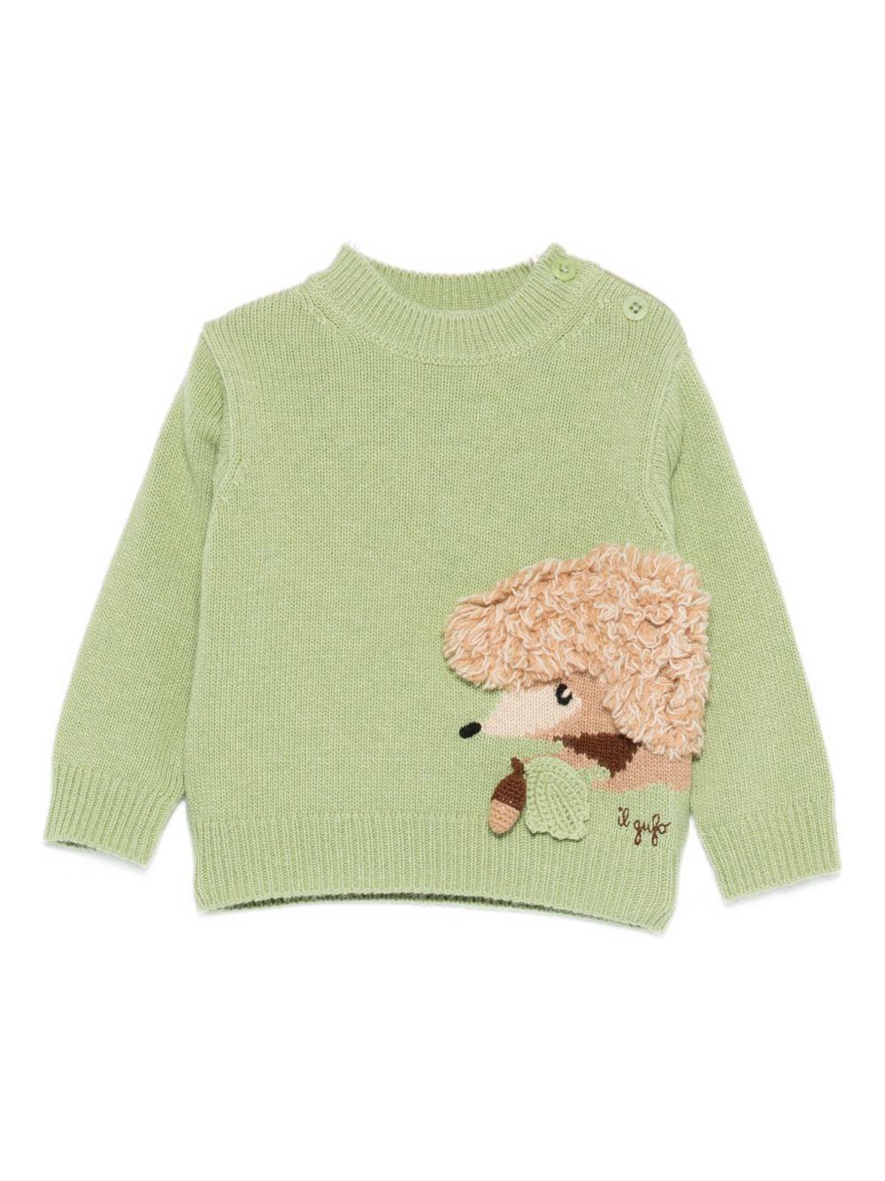 Maglione per neonati Il Gufo verde con applicazione riccio sul fianco A25GMA0021EM220 517 IL GUFO 