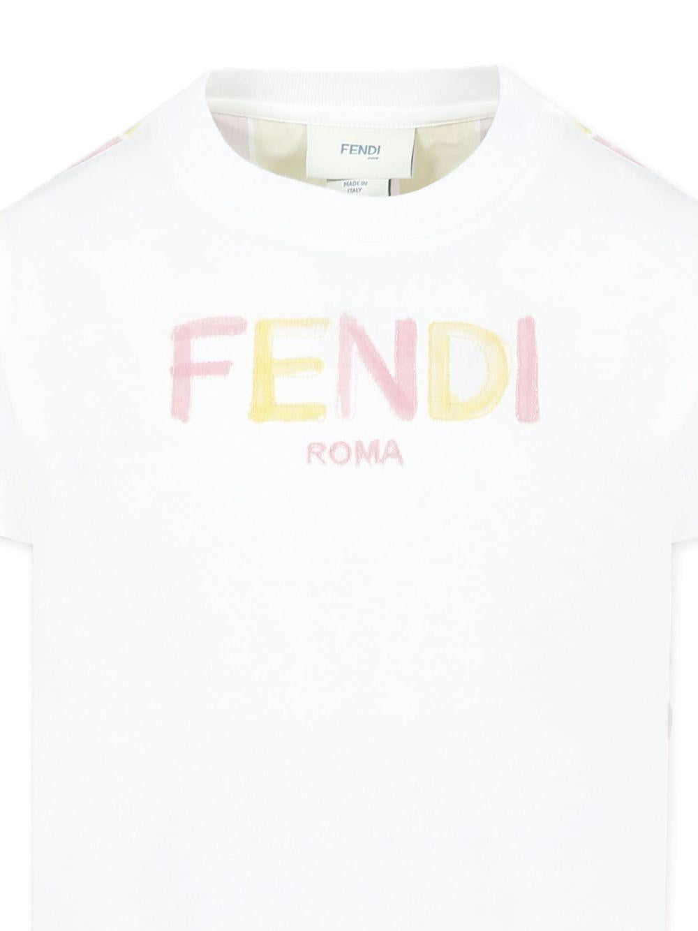 T-shirt per bambina Fendi Kids bianco con logo sul davanti e righe verticali sul retro JUI182 AS67 F1R0X FENDI KIDS 