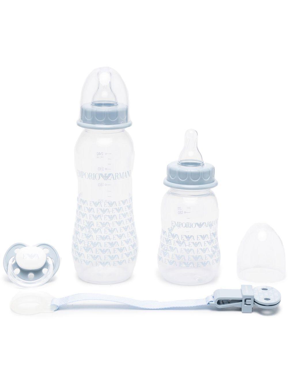 Set biberon e ciuccio per neonati Emporio Armani Kids azzurro con stampa 407139 CC919 00631 EMPORIO ARMANI KIDS 