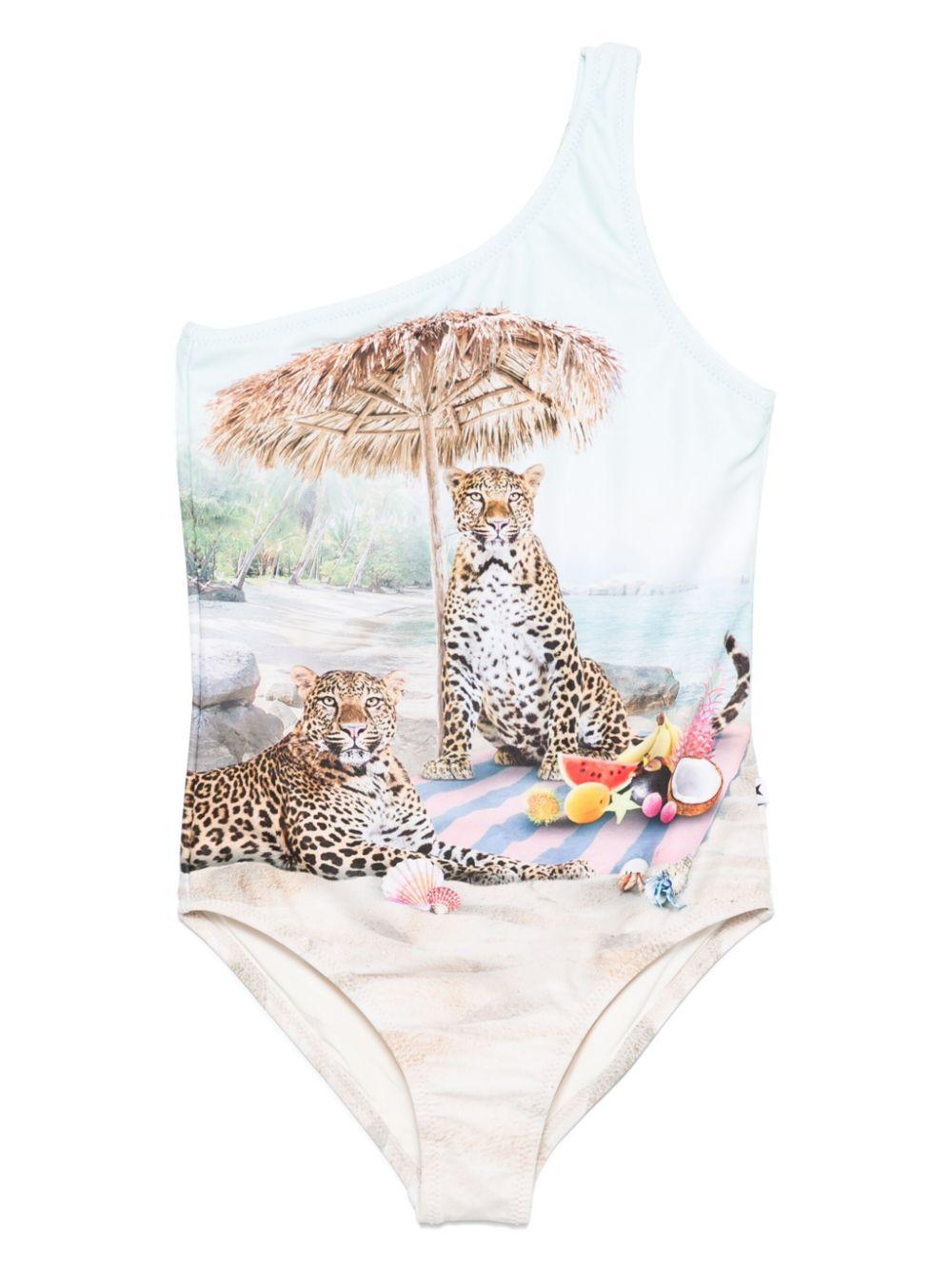 Costume da bagno per bambina Molo azzurro e beige con stampa da spiaggia 8S25P509 3783 MOLO 