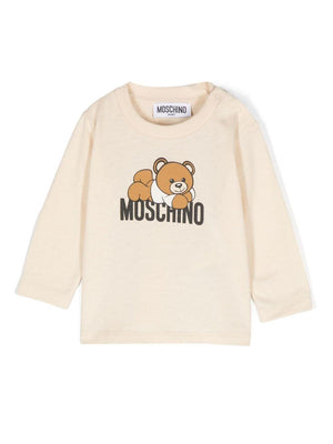Moschino Kids beige long-sleeved T-shirt for babies with logo print