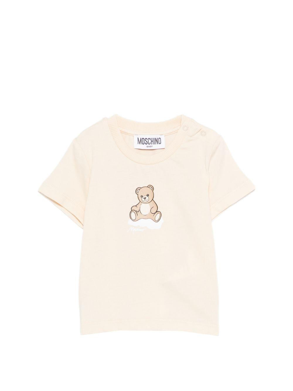 T-shirt per neonati Moschino Kids beige con stampa Teddy sul davanti MUM04QLAA24 20404 MOSCHINO KIDS 