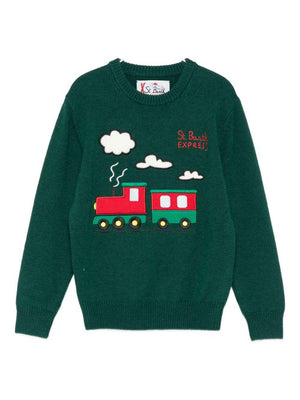Maglione per bambino MC2 Saint Barth Kids verde con ricamo treno sul davanti