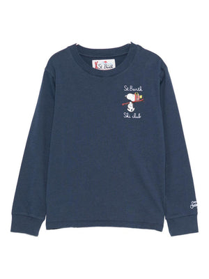 T-shirt per bambino MC2 Saint Barth Kids blu con ricamo Snoopy sul davanti
