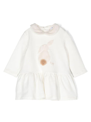 White Il Gufo embroidered logo dress for girls with rabbit applique