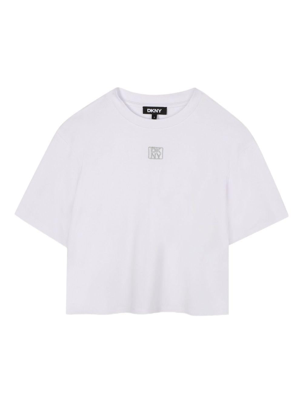 T-shirt per bambina DKNY Kids bianco con scollo a V D62411 10P DKNY 