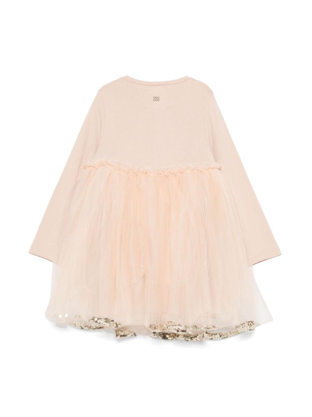 Abito per bambina Douuod Kids beige in tulle con dettagli con ruches e paillettes DV1A00 Z2454 185 DOUUOD 