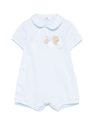 The Blue Owl Baby Onesie with Teddy Bear Motif and Round Collar