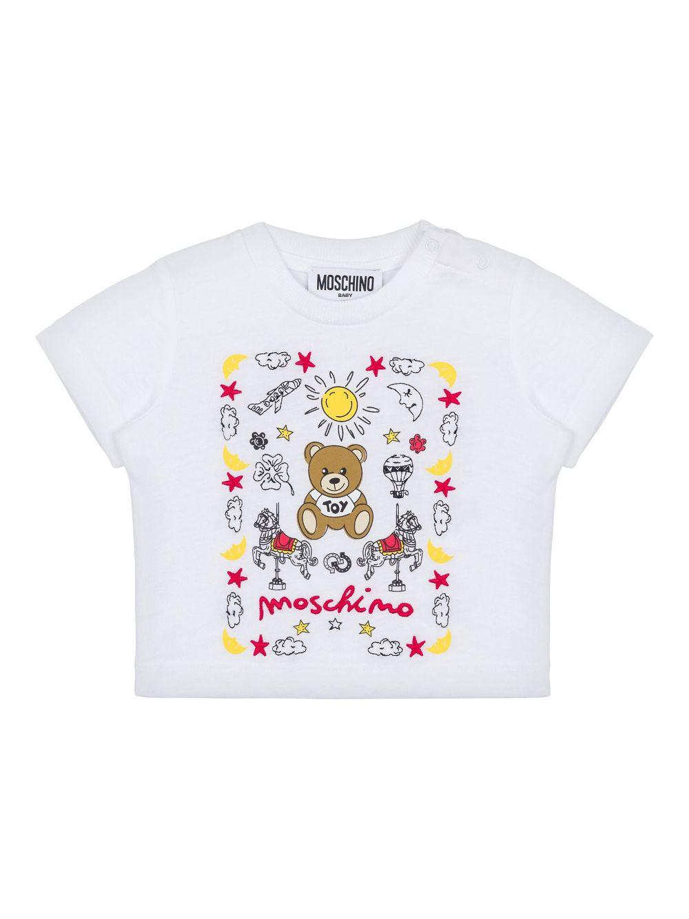 T-shirt con ricamo per neonata Moschino Kids bianco con girocollo MMM047LAA23 10101 MOSCHINO KIDS 