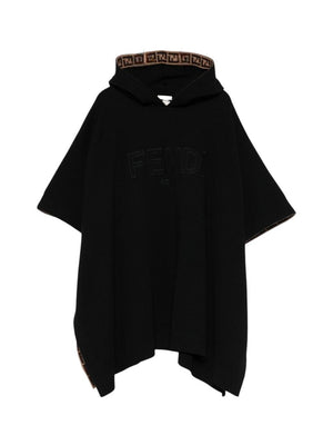 Fendi Kids black hooded poncho for girls with FF motif
