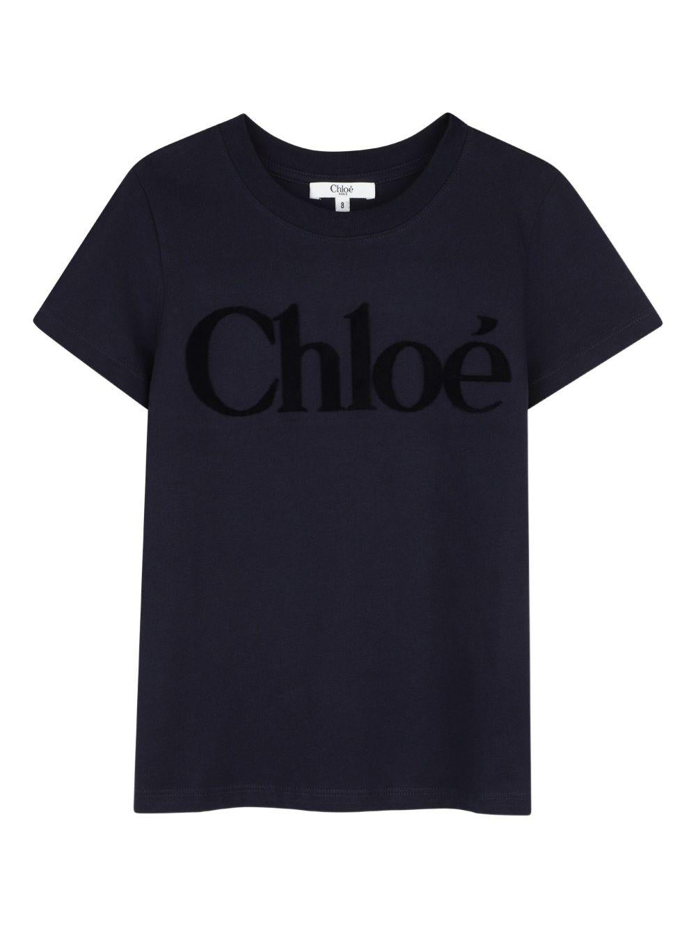 T-shirt per bambina Chloé Kids blu con logo sul davanti C20652 859 CHLOE' KIDS 