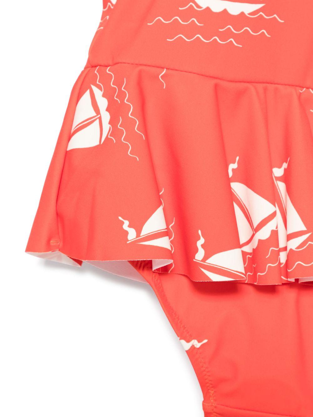 Costume intero per bambina Mini Rodini rosso con stampa con dettagli ruches 2528010042 RED MINI RODINI 