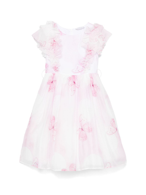 Monnalisa white butterfly print dress for girls with ruffled details.