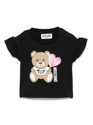 Moschino Kids black straight-hem teddy bear print T-shirt for baby girls