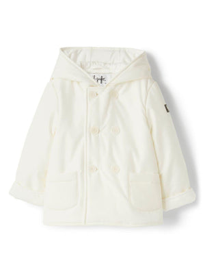 Il Gufo white double-breasted down jacket for newborns with applique on the sleeve