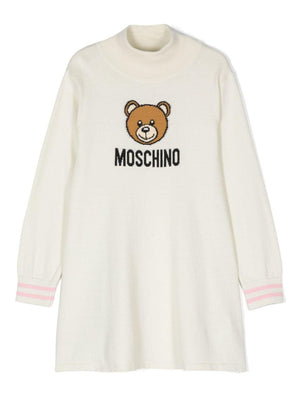 Moschino Kids white knitted dress for girls with teddy bear motif