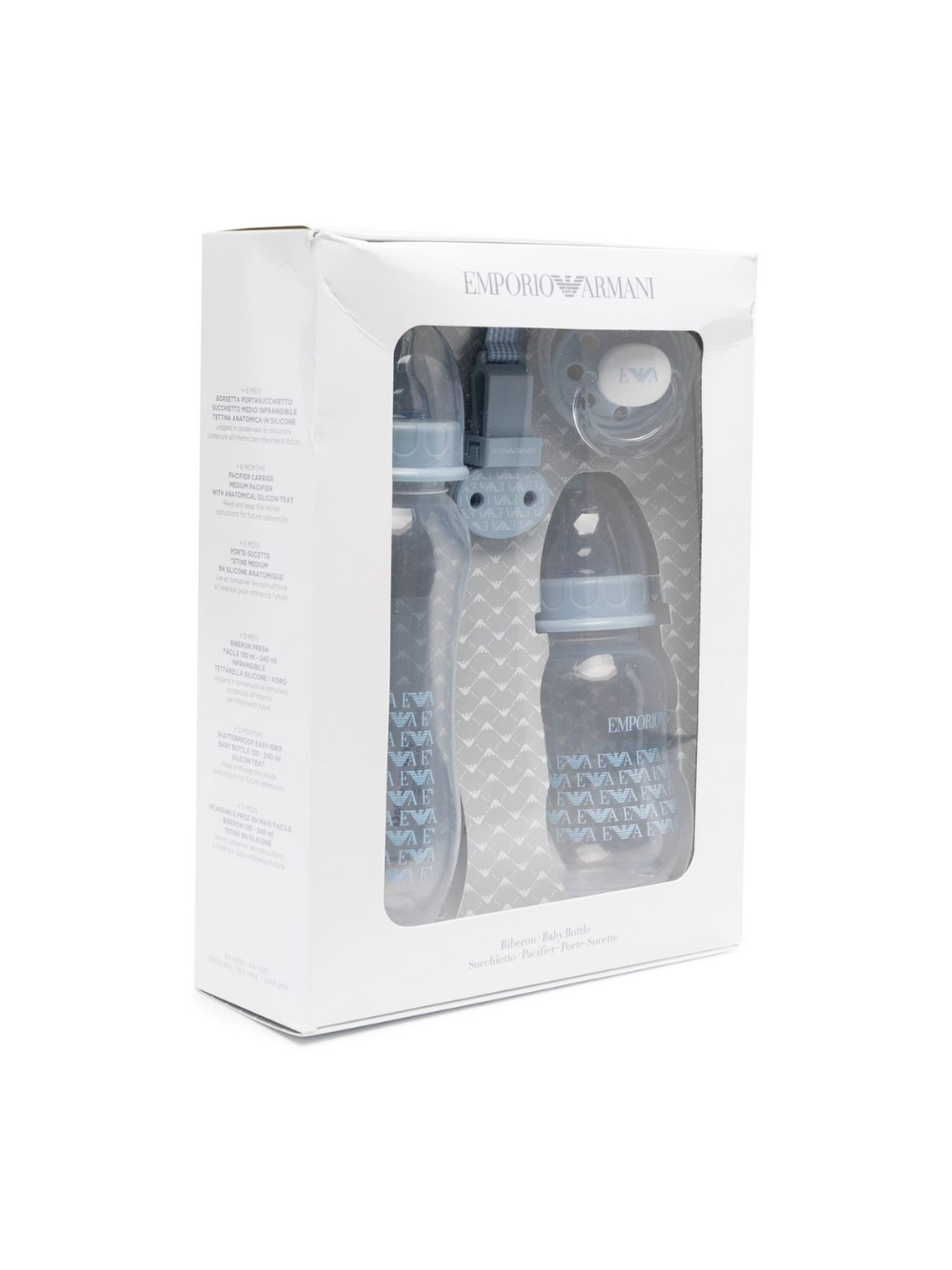 Set biberon e ciuccio per neonati Emporio Armani Kids azzurro con stampa 407139 CC919 00631 EMPORIO ARMANI KIDS 