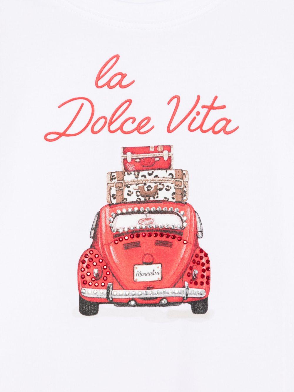 T-shirt per bambina Monnalisa bianco con stampa grafica e decorazione strass 11E626 5202 0099 MONNALISA 
