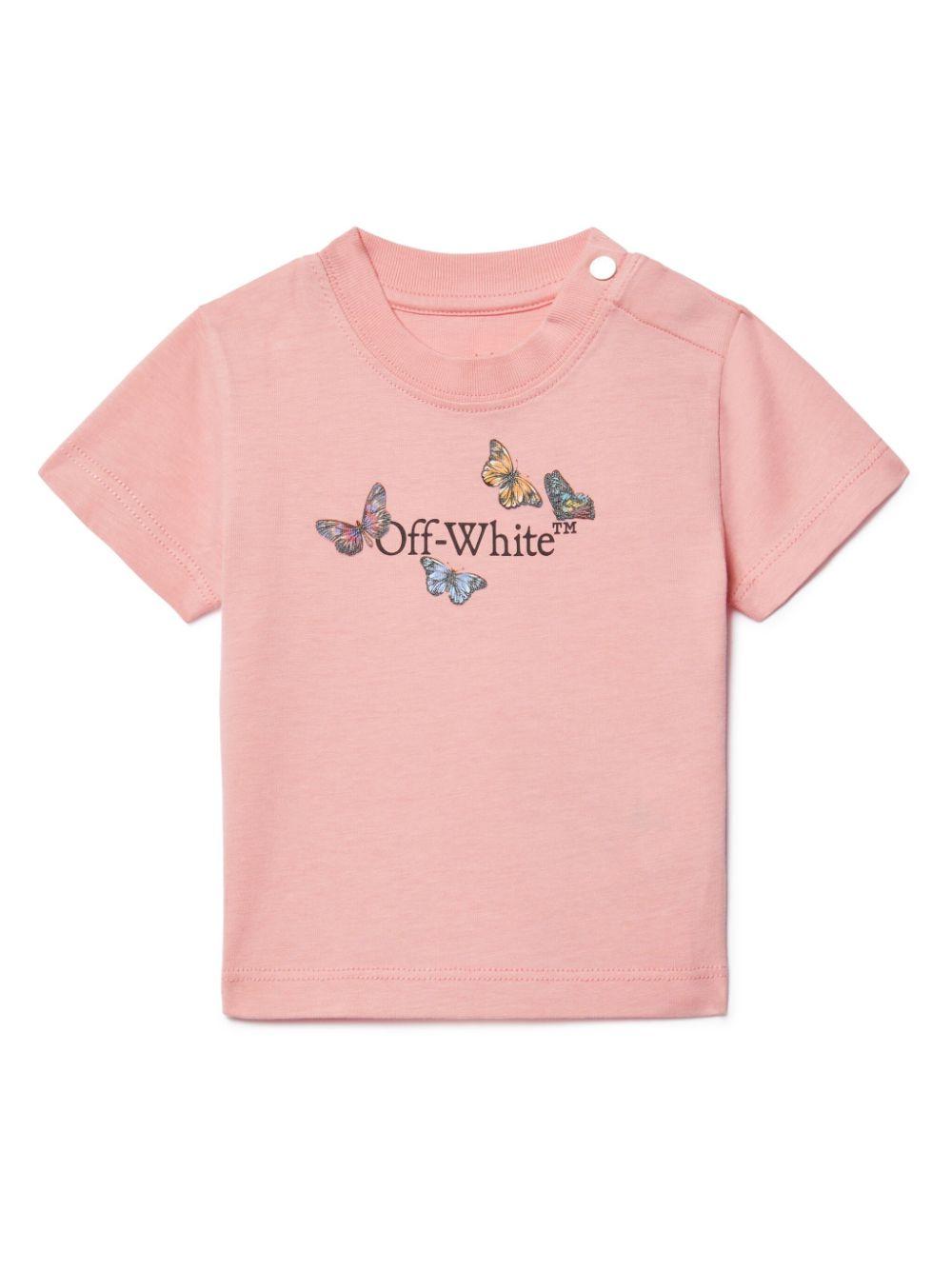 Maglietta con stampa farfalle per neonata Off-White Kids rosa con orlo dritto OGXB001S25JER002 3010 OFF WHITE KIDS 