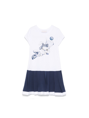 Monnalisa white dress for girls with graphic print and rhinestone decoration