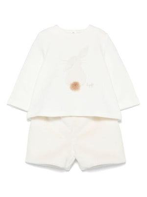 White Il Gufo baby girl's T-shirt and shorts with rabbit print and motif on the front