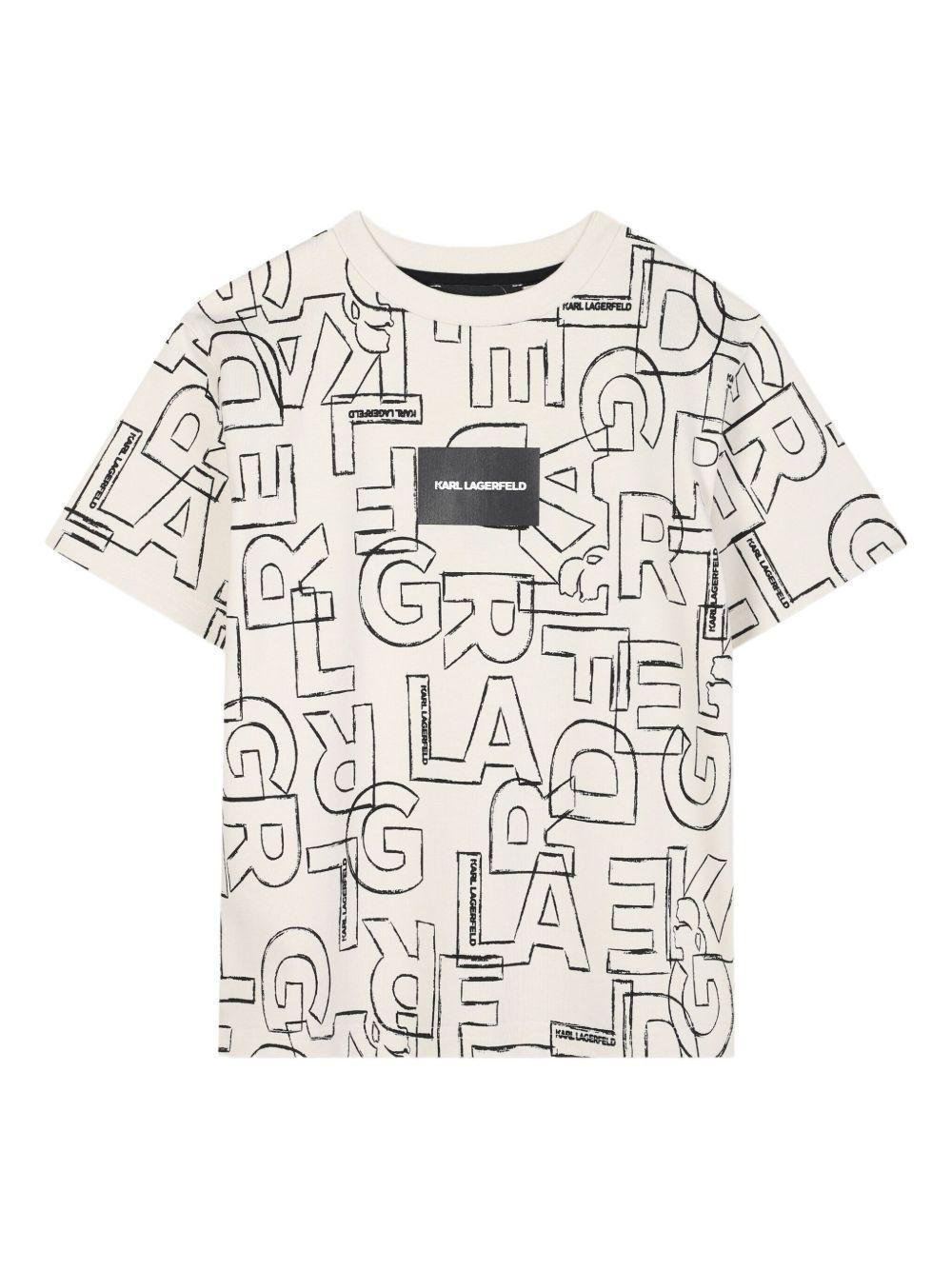 T-shirt per bambino Karl Lagerfeld Kids bianca con stampa grafica e targhetta logo Z30960 195 KARL LAGERFELD KIDS 