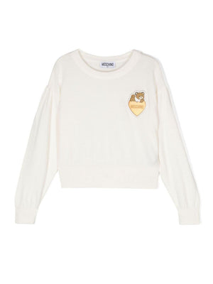 Moschino Kids white sweater for girls with Teddy Bear applique