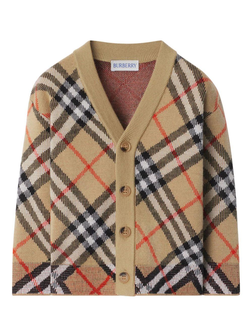 Cardigan a quadri per neonato Burberry Kids beige con scollo a V 8104312 B9368 BURBERRY KIDS 