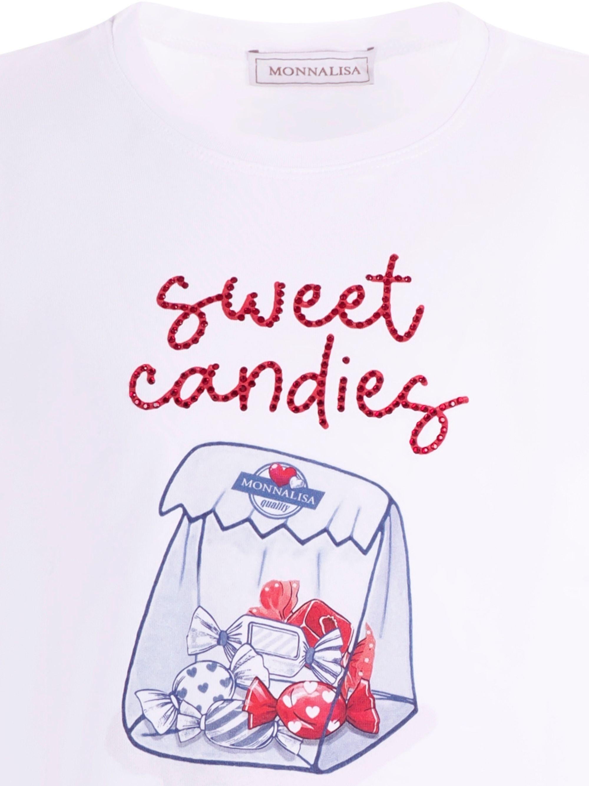 T-shirt per bambina Monnalisa Sweet Candies bianca con stampa grafica 11G609 7201 0099 MONNALISA 