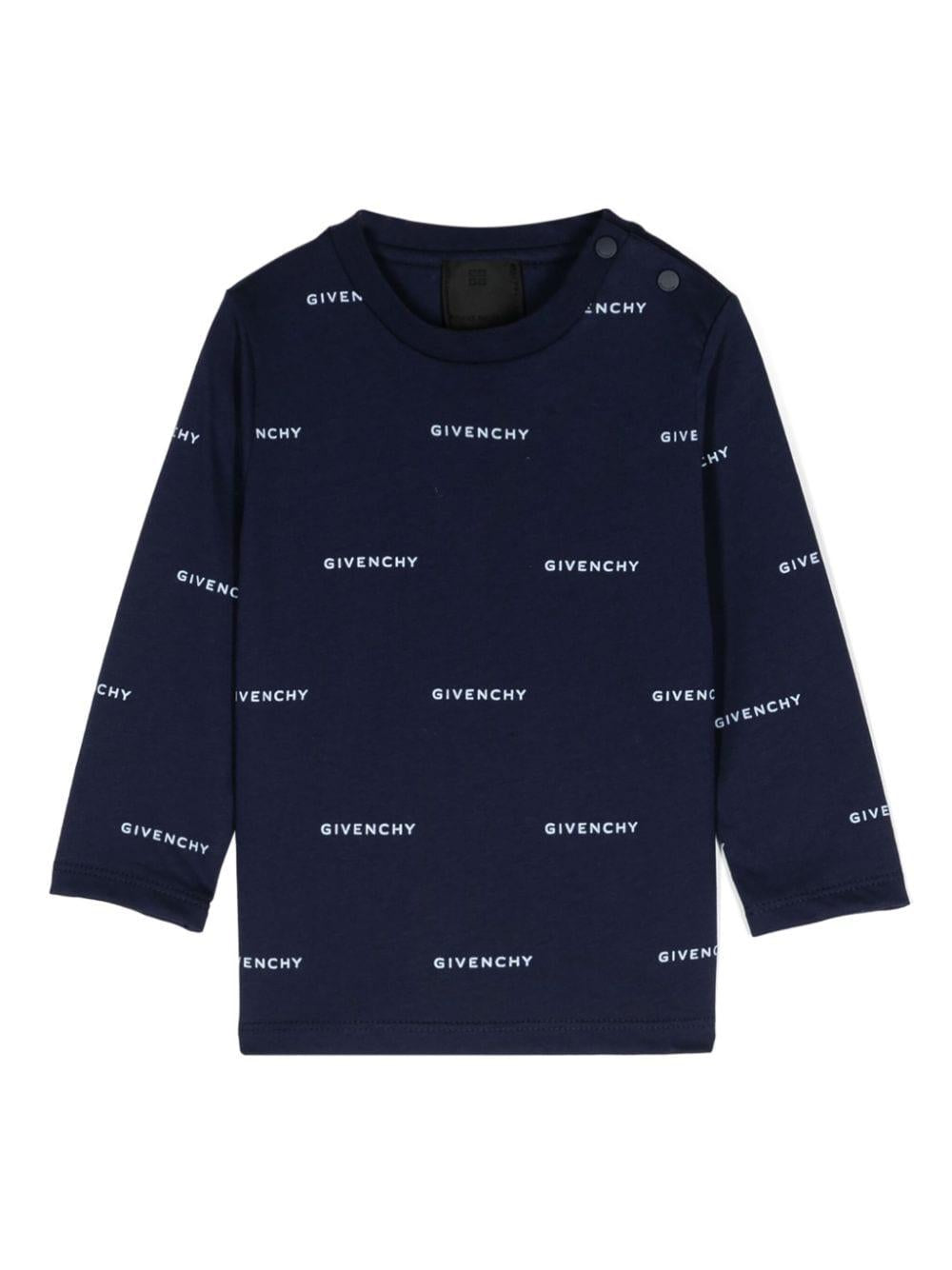 T shirt per neonati blu con logo Givenchy bianco stampato in all-over con font dritto H30579 85T GIVENCHY KIDS 